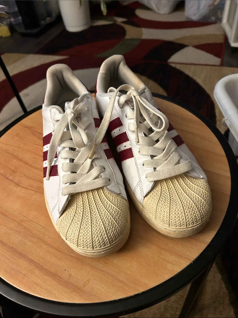 adidas White and Maroon Shell Toe Sneakers